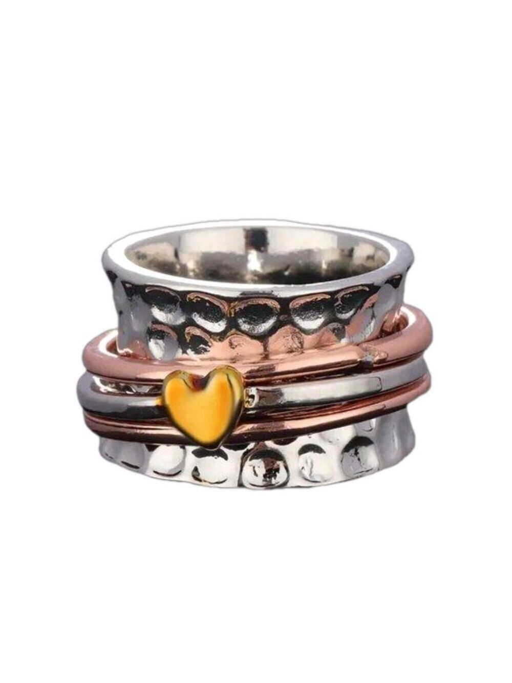 Boho Spinner Ring Tri-Color Floating Heart and Bands #1356